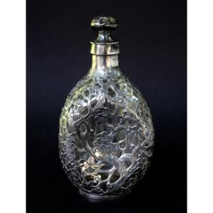 Antique Chinese Silver Overlay Glass Decanter With Plum Blossoms, C.1900