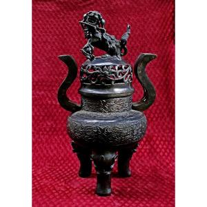 Monumental Antique Chinese Bronze Ding Incense Burner With Lion Finial, Ming C16th, 66cm