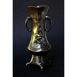 Antique Japanese Bronze Mixed Metal Landscape Vase, Meiji Period