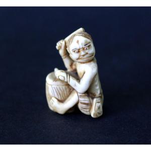 Antique Japanese Netsuke Oni Playing A Drum, Signed Ozan, Meiji