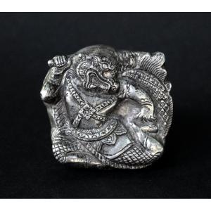 Antique Cambodian Hanuman Silver Betel Lime Box, Early 20th Century