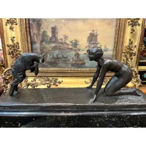 Paul  Silvestre, Jeune Femme Au Chevreau, bronze.