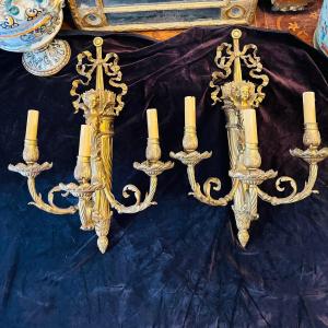 Pair Of Gilt Bronze Sconces With Cherubs.