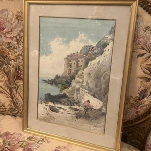 Emmanuel Costa, Watercolor Villefranche Sur Mer, 19th Century.