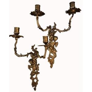 Pair Of Gilt Bronze Sconces With Regency Cherubs