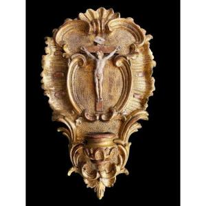 Golden Wood Stoup And Its Christ 18th Century