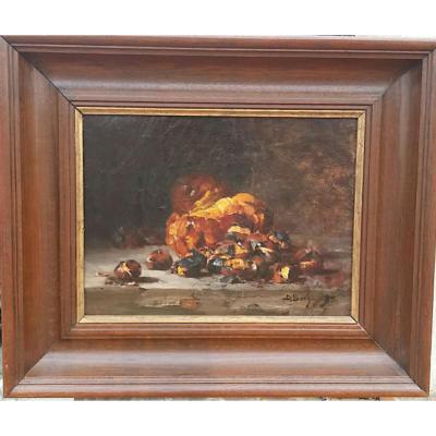 Oil On Canvas By Denis Bergeret (1844-1910) Still Life With Chestnuts