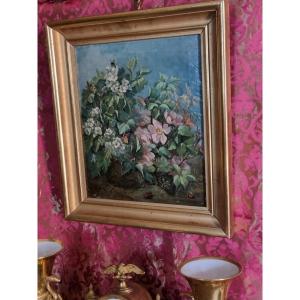 Oil On Canvas Still Life With Insects Bouquets Flowers 19th