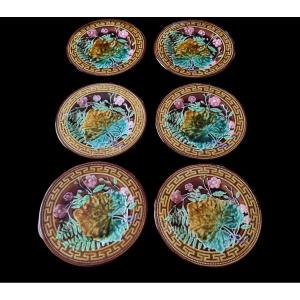 Six Large Barbotine Plates Circa 1900 Choisy Le Roi