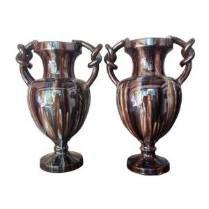 Pair Of Vases By Jérôme Massier Early 20th Century Art Nouveau Vallauris Jaspé Majolica Ceramic 