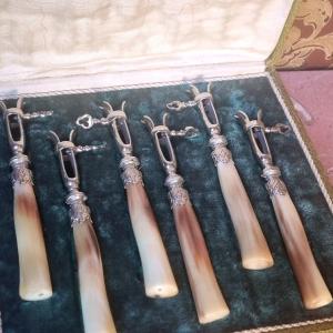6 Chops Handles In Horn And Silver Metal Late 19th C.