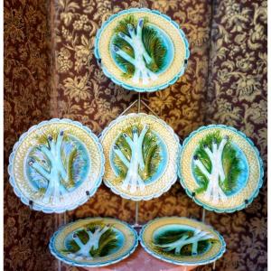 6 Plates In Salted Asparagus Barbotine Late 19th Century