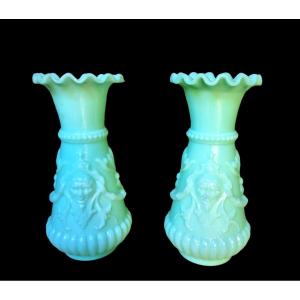 Pair Of Green Fairground Opaline Vases, Late 19th Century