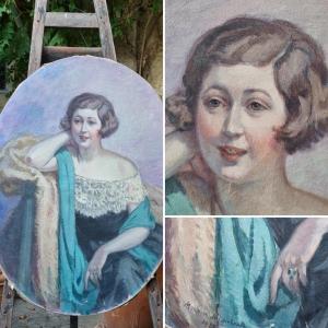 Maurice De Lambert Portrait Of An Elegant 1926 Art Deco Giant Oil On Canvas Oval Of A Woman