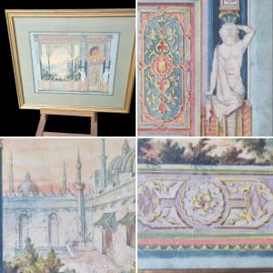 Watercolor Interior Decoration Project Circa 1850 Moorish Architecture Architect Drawing