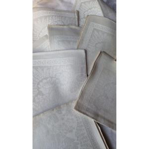 Tablecloth Set 5.50 M And 18 Napkins In Damask Linen Napoleon III Period 
