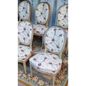 Series Of Six Chairs Stamped By Jacques Lechartier Louis XVI Period Stamped 18th Century