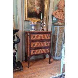 Commode Chest Of Drawers With Marquetry, 18th Century, Louis XVI