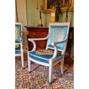 Pair Of Officer's Chairs Consulate Empire Period Silk