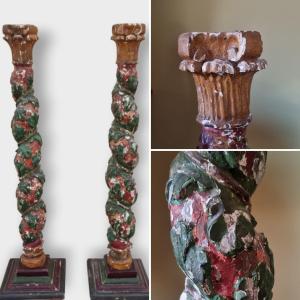Pair Of Solomonic Painted Wood Columns, 17th/18th Century, Torso 71 Cm