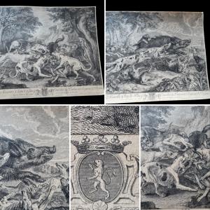 Pair Of Engravings After Desportes By Joullain, 18th Century, Hunting, Boar, Dog