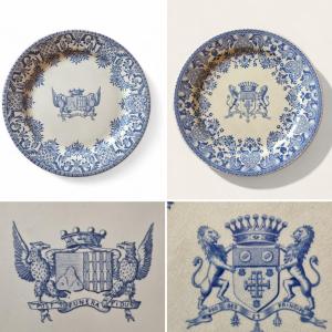 Two Gien Faience Plates With The Coat Of Arms Of A Count And Baron, 19th Century, Crowned