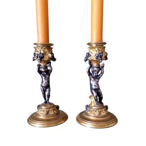 Pair Of Gilt Bronze Toilet Candlesticks By Fridinand Barbedienne, Napoleon III Period, Putti