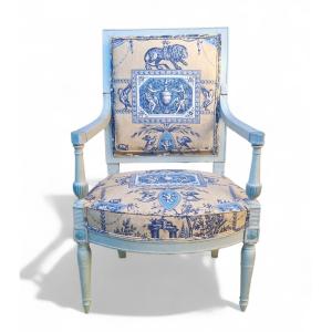 Directoire Period Armchair, Late 18th Century, Braquenie Toile De Jouy Fabric 