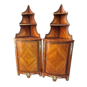Pair Of Corner Cups With Steps, Marquetry Corner, Louis XVI Style, 19th Century 