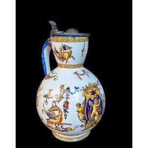 Large Gien Earthenware Pitcher With Renaissance Decoration, Circa 19th Century
