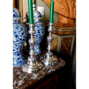 Pair Of Candles In Bronze Silvered Metal Eoque XVIIIth Century Louis XV