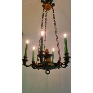 Gilded And Patined Bronze Chandelier From The Charles X Empire Period, Early 19th Century, Suspended