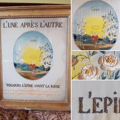 Painting In The Needle Beginning XIXth Work Embroidery Silk Religious