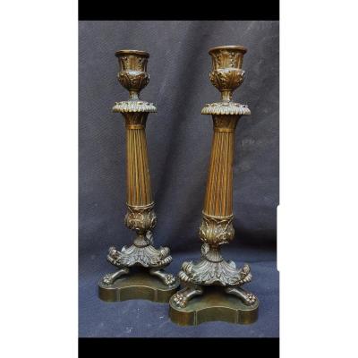 Pair Of Candle Bronze Candle Holders Charles X Period