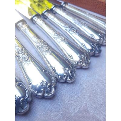 12 Table Knives In Silver Metal Late XIXth