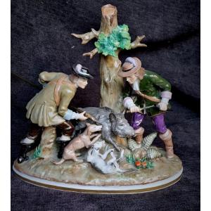 Sitzendorf Porcelain - Hunting Group - Wild Boar Hunting 19th Century Saxony Porcelain