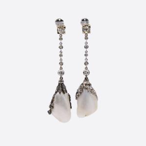 Fine Pearl Drop Earrings “poema” Art Nouveau, Gold, Silver, Diamonds