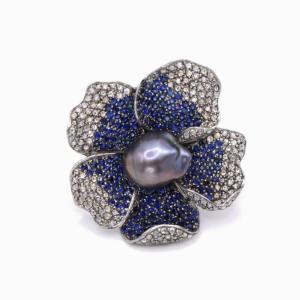 "ipomée" Flower Ring - Tahitian Pearl, Diamonds, Sapphires And 925 Silver - Modern Era