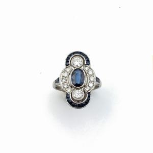 "infinita" Ring – Sapphire, Diamonds And 850 Platinum – Art Deco Style
