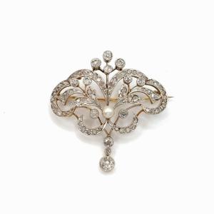 Art Nouveau "constantia" Transformable Brooch – Diamonds, Pearl, 18k Gold And 925 Silver