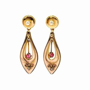 Antique "incarnat" Earrings – 18k Yellow Gold, Rubies, Pearls – Early 20th Century