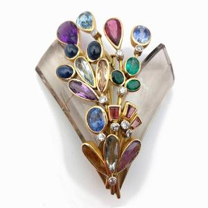 Bouquet Brooch In 18k Yellow Gold, Rutilated Rock Crystal And Coloured Stones