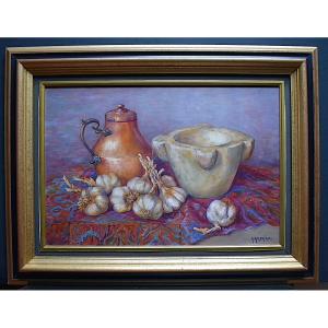 A Arrufat Still Life Garlic Provence Pitcher Copper Pestle XX Spain Rt667