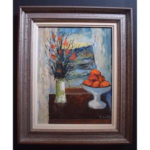 Still Life With Fruit Compote And Bouquet Of Flowers Signed Elles XX Rt679