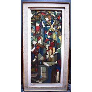 M Masoni Landscape Village Morteau Doubs Abstract Cubist Stained Glass Style Signed M Masoni XX Rt684 
