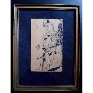 Drawing Feather Ink Art Deco Dancer 1940s Signed To Identify XXrt692