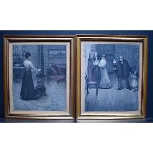 Signed Drawings Watercolor Lavis Grisaille Interior Scene Signed Vauzan XIX XX Rt702