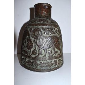 Antique Pitcher Or Kawa Jug In Repoussé Copper With Animal Decor Persia Iran Ref481