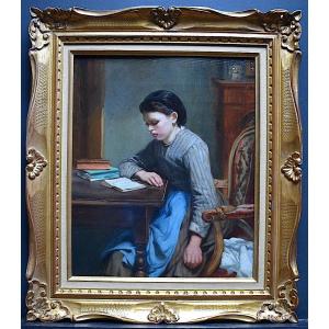 Schoolgirl Reading Lamp Child Portrait Young Girl Interior Scene XIX Rt722