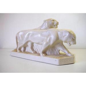 Crackled Ceramic Sculpture 2 Walking Lionesses Art Deco 1930 1950 Animalier Fauves Ref489